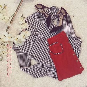 blouses | gingham print low neck tie top | xs